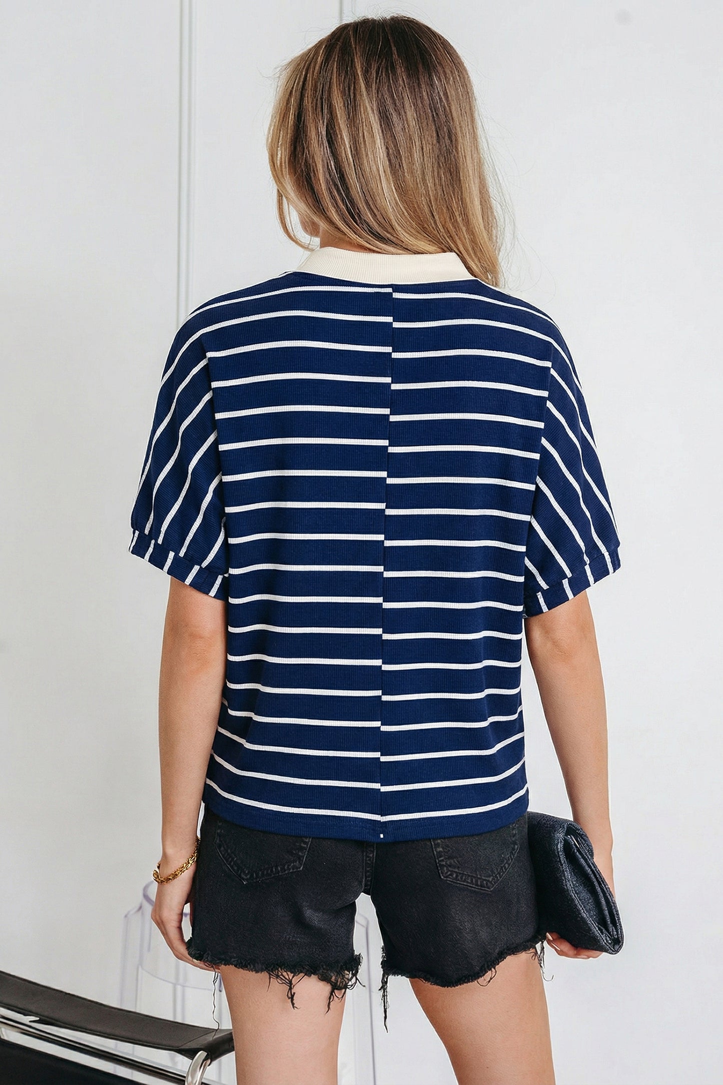 Black Stripe Stand Collar V Neck Elastic Cuffs Half Sleeve Dolman Top