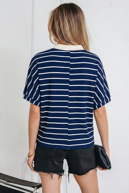 Black Stripe Stand Collar V Neck Elastic Cuffs Half Sleeve Dolman Top