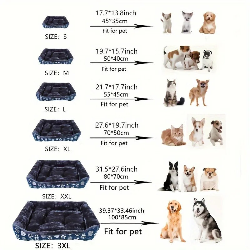 Detailed size chart for BeiYu pet beds ranging from S to 3XL with breed recommendations for cats and dogs.
