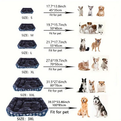 Detailed size chart for BeiYu pet beds ranging from S to 3XL with breed recommendations for cats and dogs.