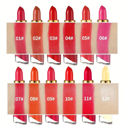Arm swatches showing 12 different shades of Beyond Beauty Creamy Moisturizing Lipstick including reds, oranges, and pinks.