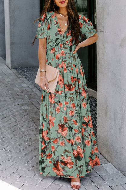 Sky Blue Fiery Floral Print Frilled V Neck Short Sleeve Maxi Dress