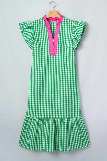 Bright Green Summer Color-Blocked Plaid Pattern Midi Dress
