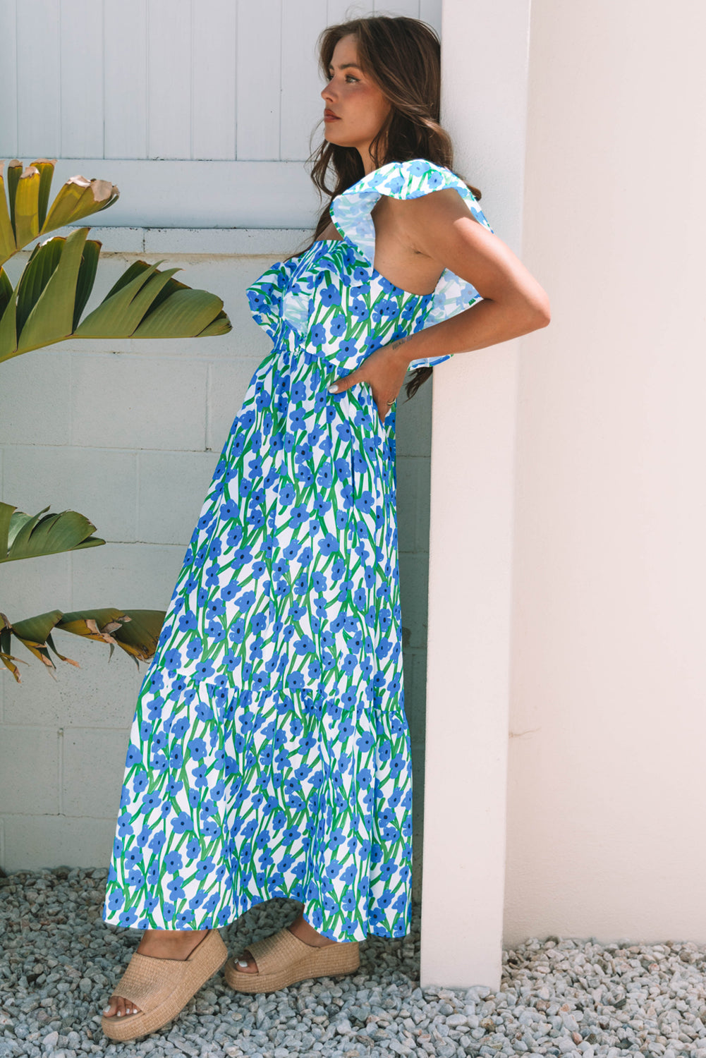Pink Floral Print Square Neck Ruffled Strap Maxi Dress