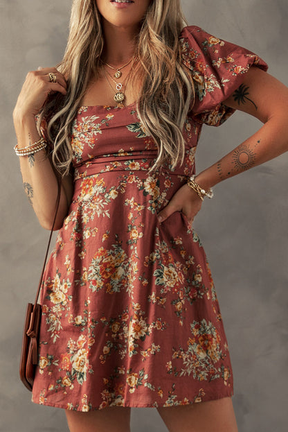 Red Floral Puff Sleeve Square Neck Knot Open Back Mini Dress