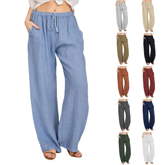 Blue casual wide leg summer trousers for women featuring a variety of available solid colors like khaki, navy, and olive.