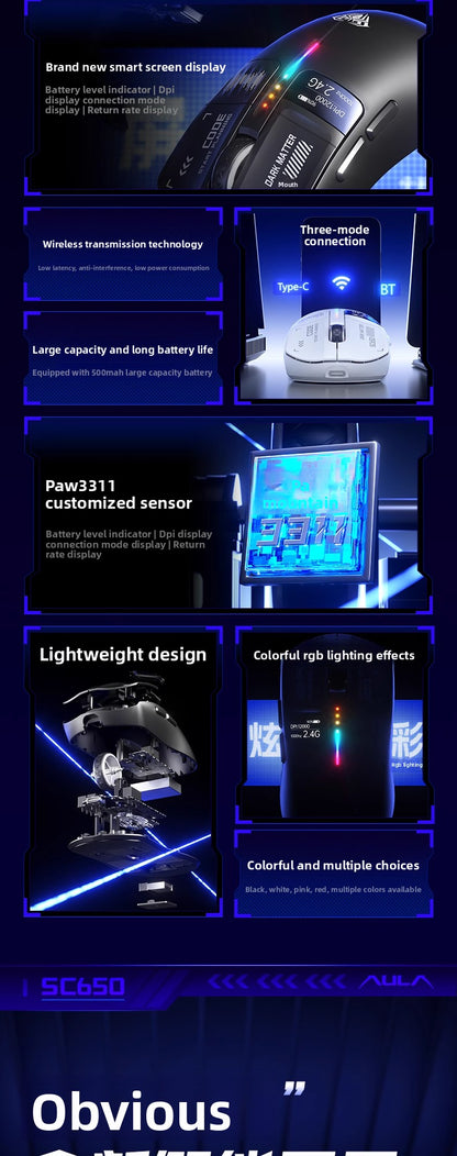 AULA SC650 Wireless Mouse Tri Mode Lightweight Design PAW3311 Sensor 12000dpi 1000Hz gaming mice Customized Pc Accessories gifts
