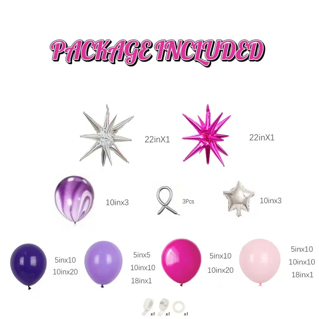 Detailed breakdown of the 111-piece purple and pink balloon kit including foil stars and various latex sizes.