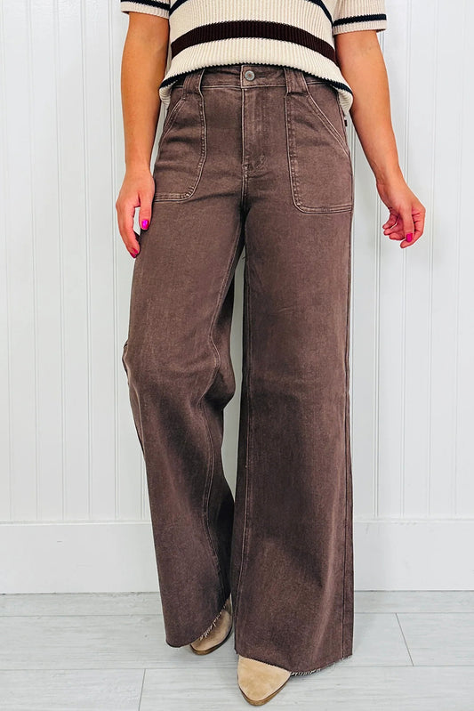 Dark Brown Retro Washed Patch Pocket Loose Jeans