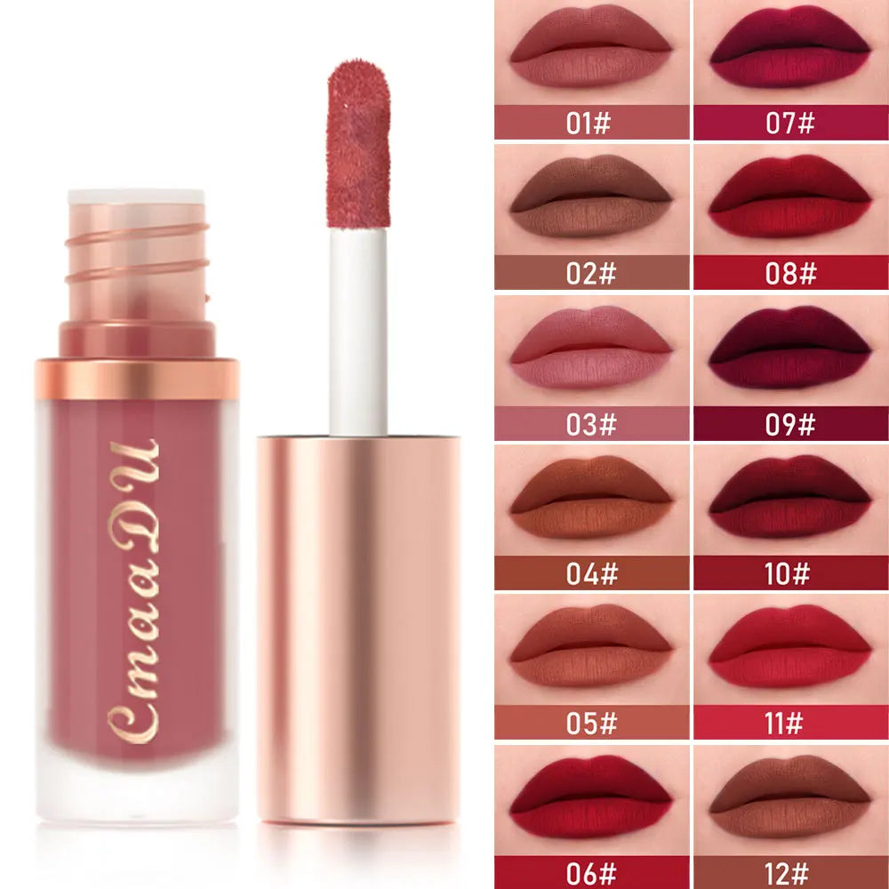 CmaaDu velvet matte liquid lipstick bottle with a color chart showing 12 different shades from nudes to deep reds.