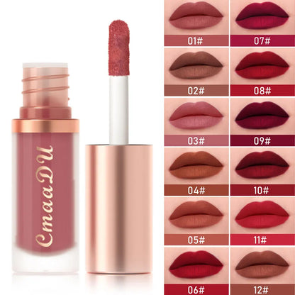 CmaaDu velvet matte liquid lipstick bottle with a color chart showing 12 different shades from nudes to deep reds.