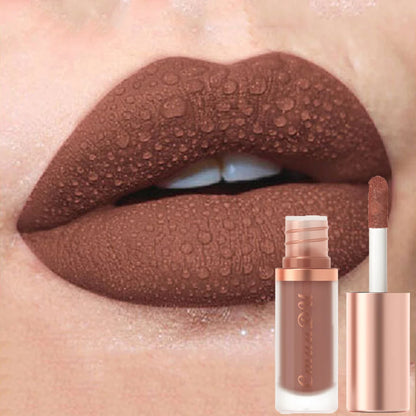 Close-up of lips with a brown matte velvet finish showing the waterproof and long-lasting texture of CmaaDu lip glaze.