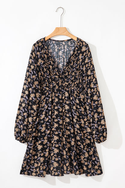 Beige Floral Deep V Neck Smocked Bust Bubble Sleeve Babydoll Dress