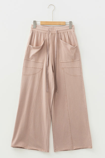 Smoke Gray Solid Color Mineral Wash Piping Trim Pocketed Wide Leg Pants
