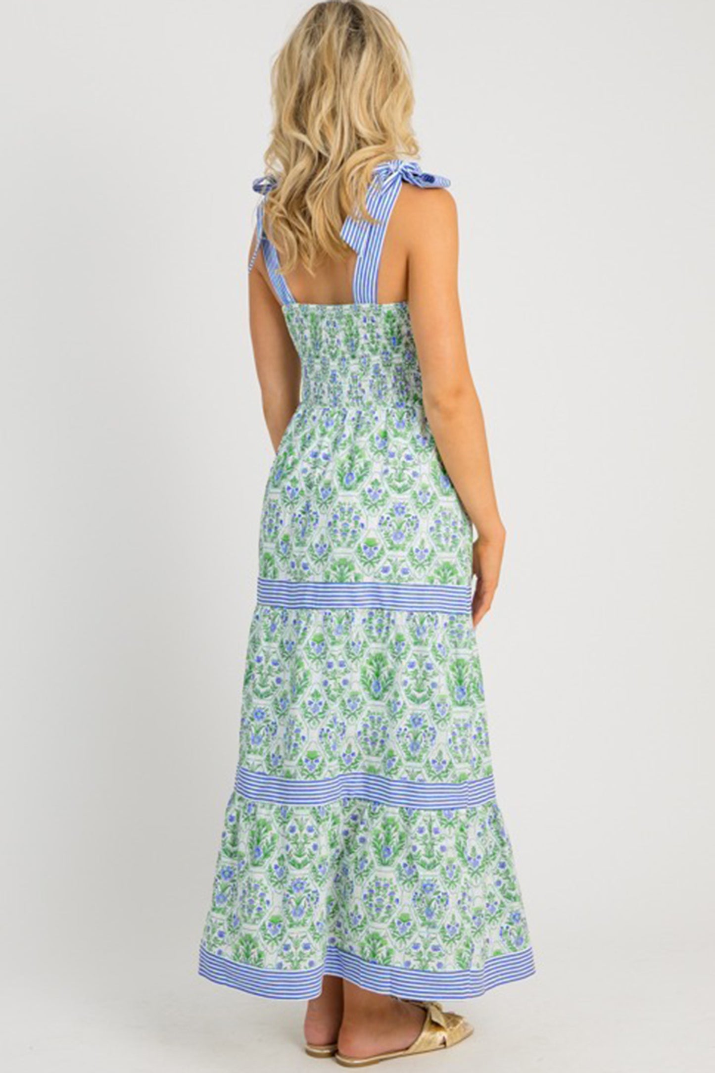 Pink Geometric Floral Print Striped Patchwork Detail Sleeveless Dress