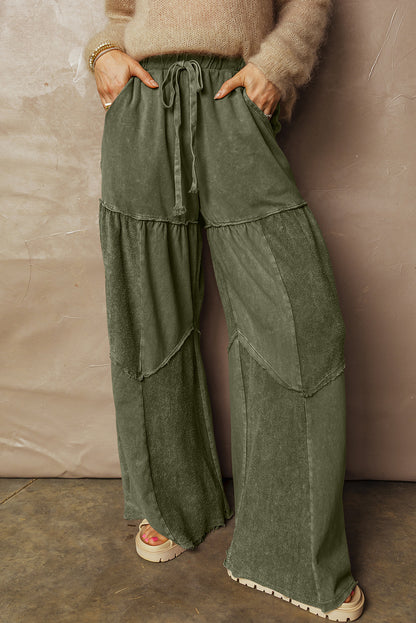 Black Mineral Wash Tiered Wide Leg Patchwork Drawstring Pants