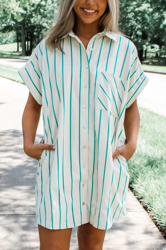 Mint Green St Patricks Striped Wide Short Sleeve Shift Mini Shirt Dress