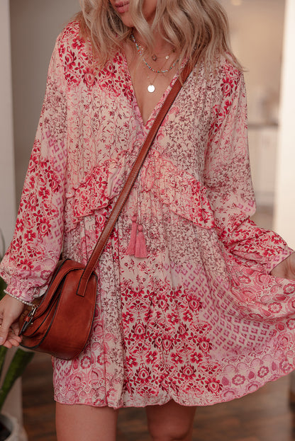 Pink Bohemian Floral Print Tassel Tie Long Sleeve Flowy Mini Dress