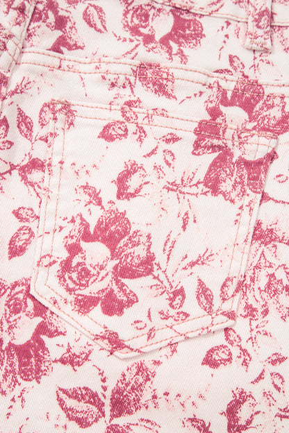 Pink Vintage Floral Print Denim Shift Pants