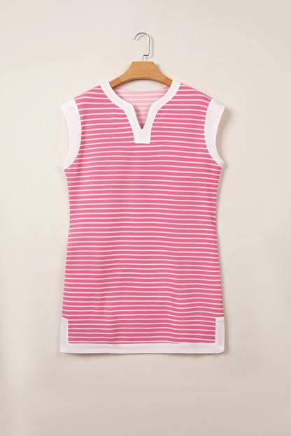 Pink Stripe Color Block Trim Notched Neck Sleeveless Shift Mini Dress