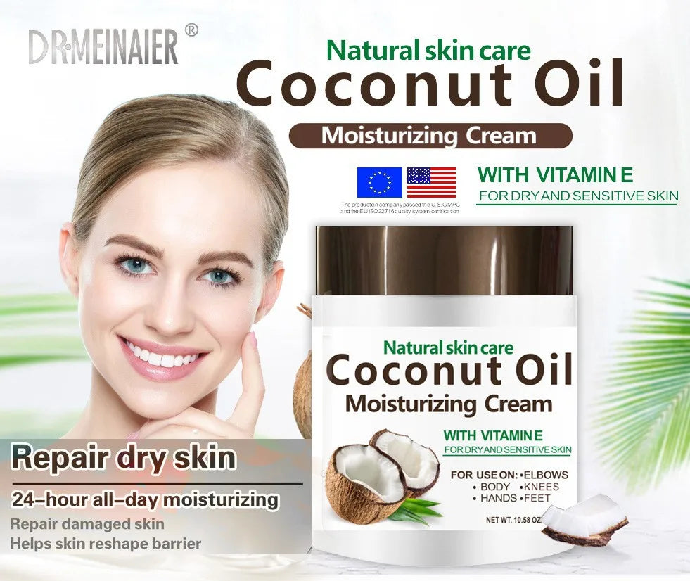 Close-up of the coconut oil repair cream packaging highlighting its organic and premium cold-pressed ingredients.