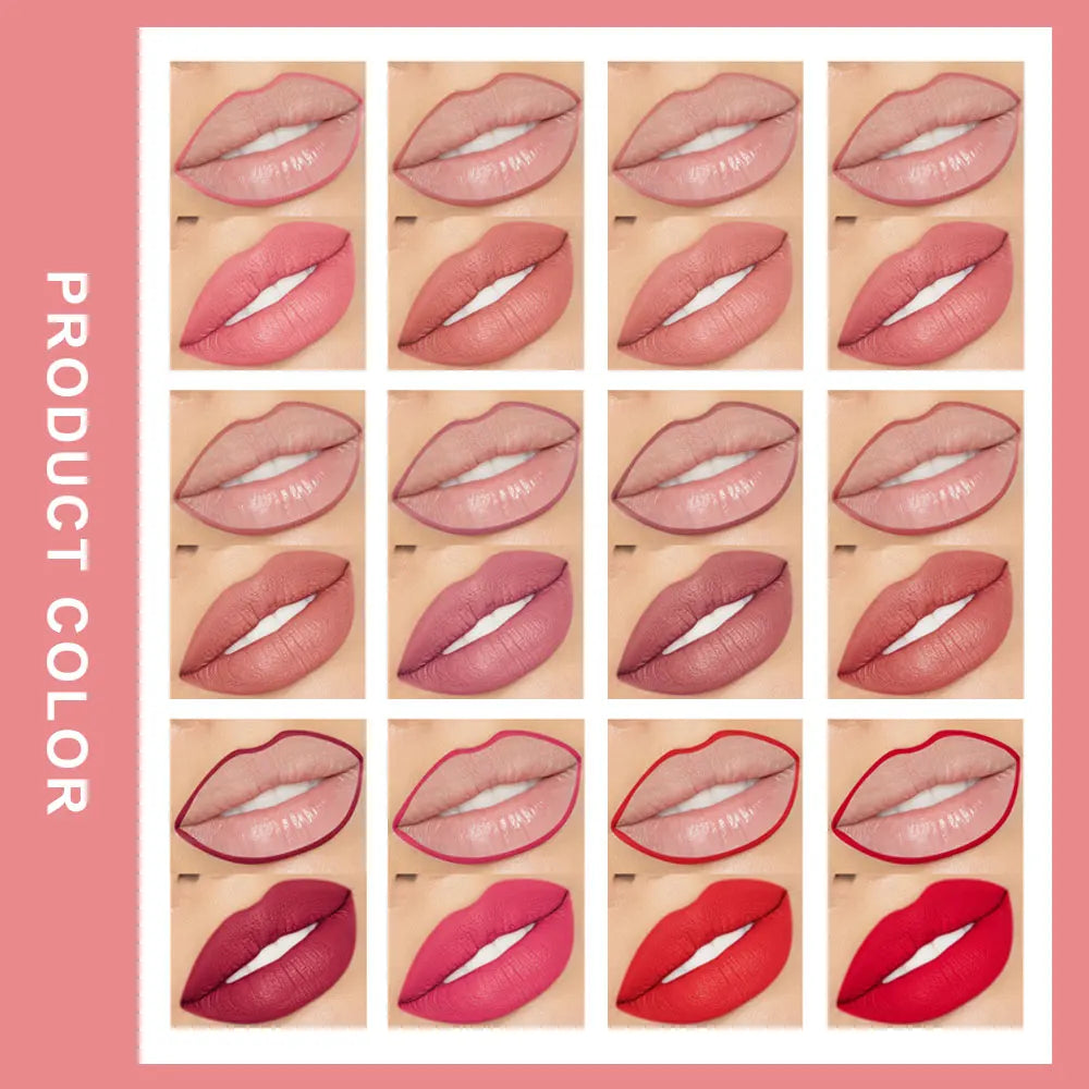 Product color chart showing the matte finish and contouring effect of Dragon Ranee lip liners on different lip tones.
