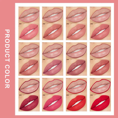 Product color chart showing the matte finish and contouring effect of Dragon Ranee lip liners on different lip tones.