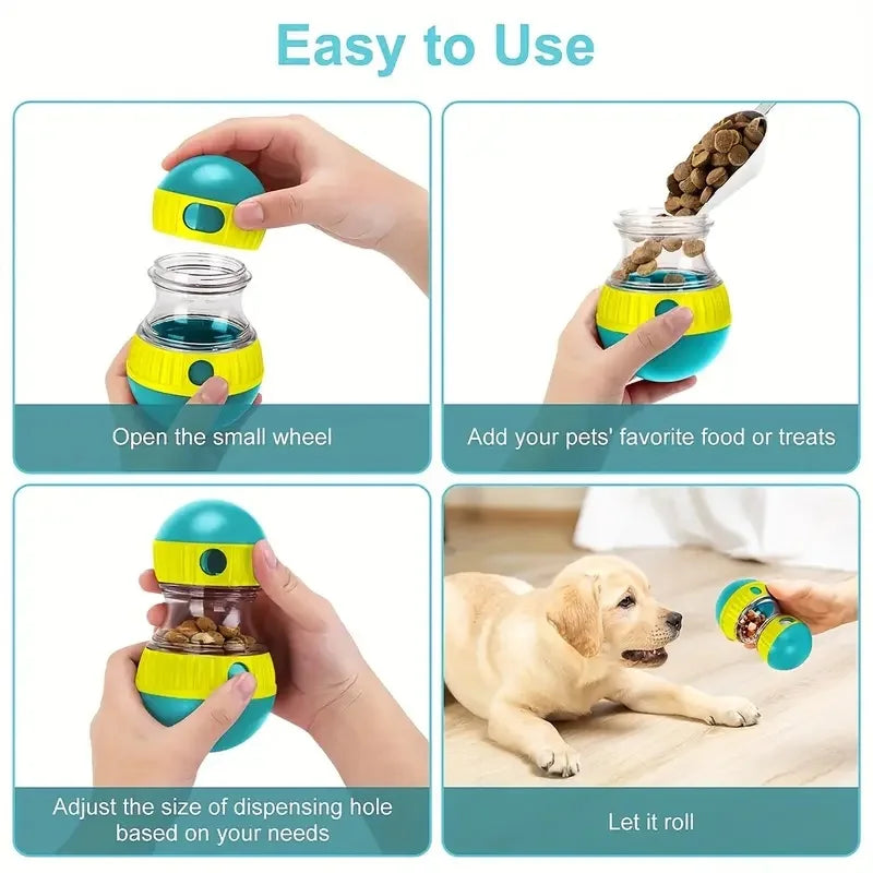 Four-step guide showing how to open, fill, adjust, and use the interactive dog treat dispenser toy.