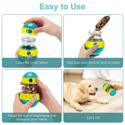 Four-step guide showing how to open, fill, adjust, and use the interactive dog treat dispenser toy.