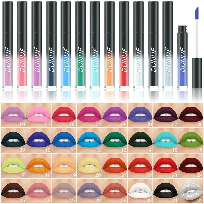 Comprehensive color chart of 32 DUNUF matte liquid lipstick shades including purple, blue, green, black, and silver.