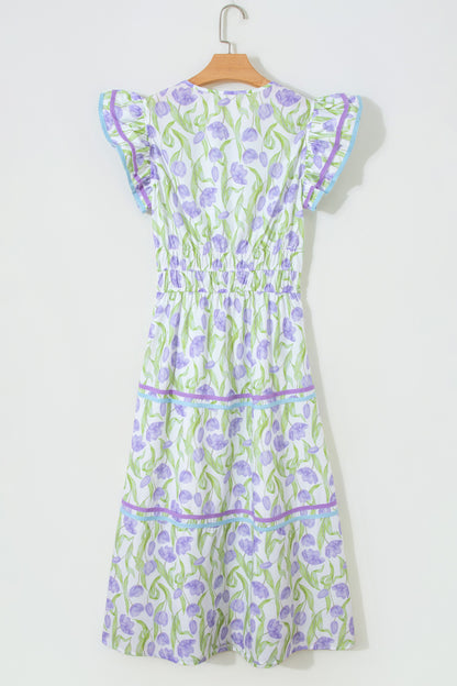 Purple Tulip Floral Print Contrast Trim Midi Dress