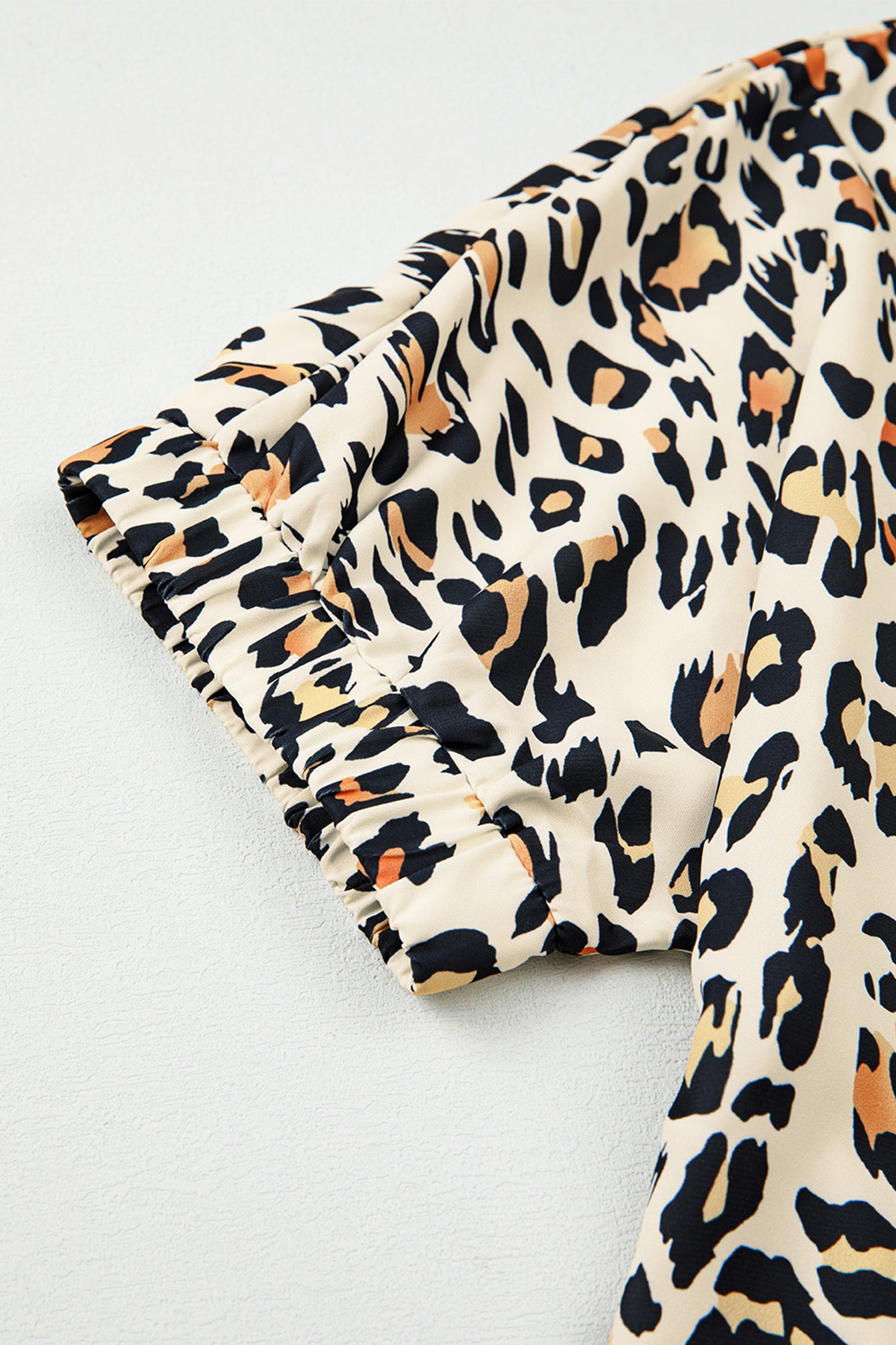 Sky Blue Leopard Color Block Contrast Striped V Neck Half Sleeve Loose Fit Blouse
