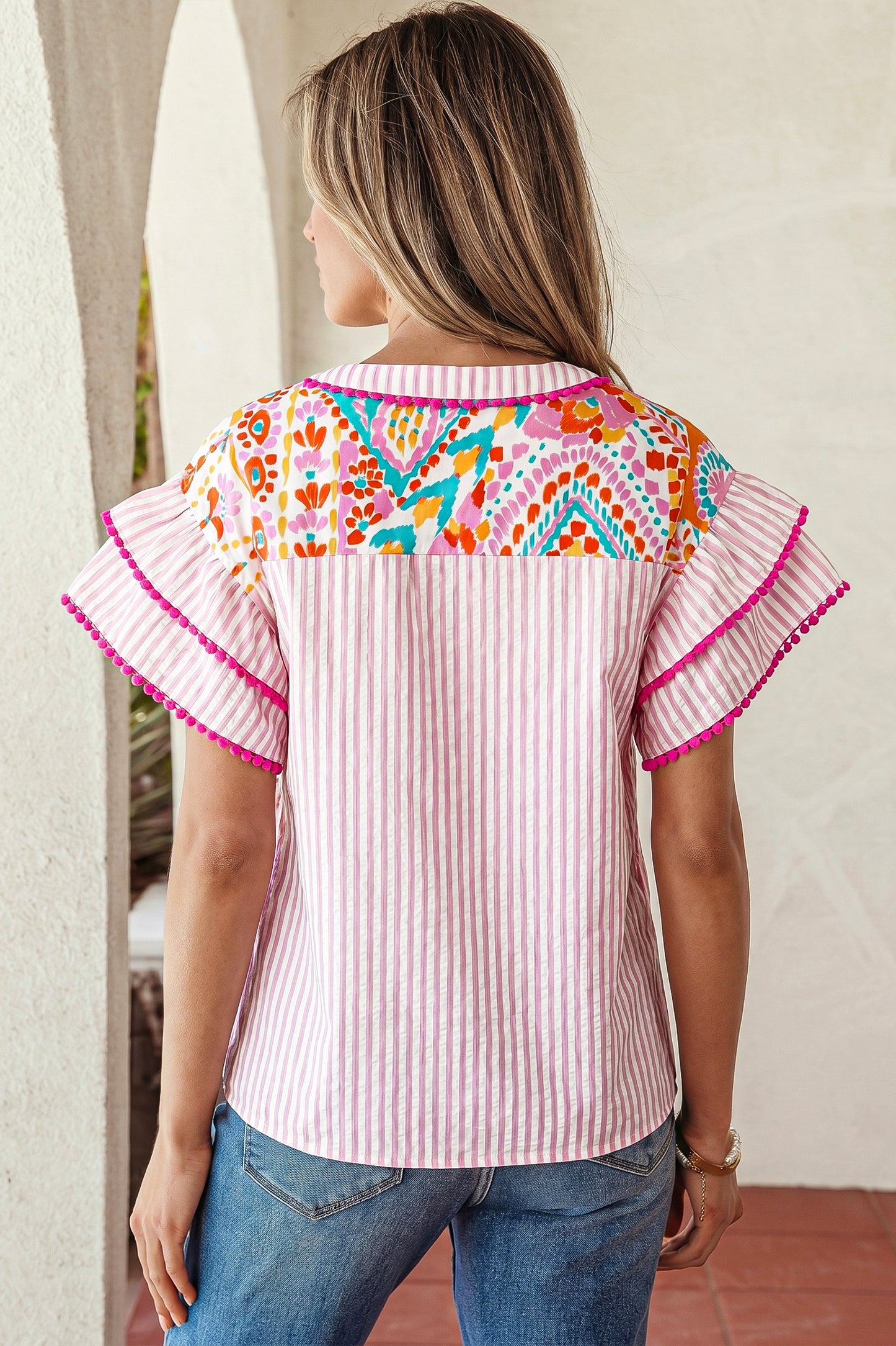 Rose Boho Mixed Print Contrast Trim Striped Patchwork Tiered Short Sleeve Blouse