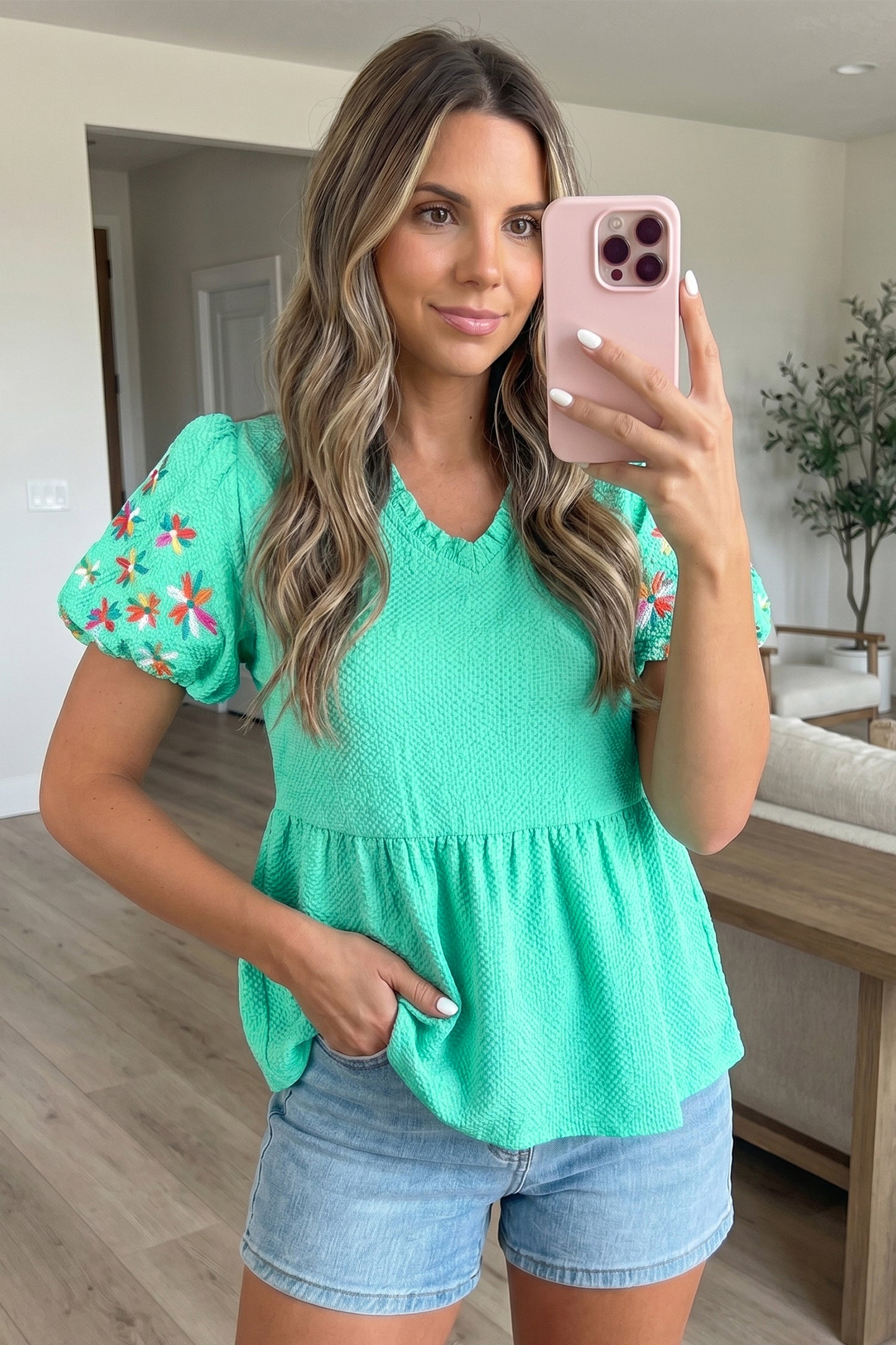 Sachet Pink Frilled V Neck Flower Embroidered Puff Sleeve Textured Blouse