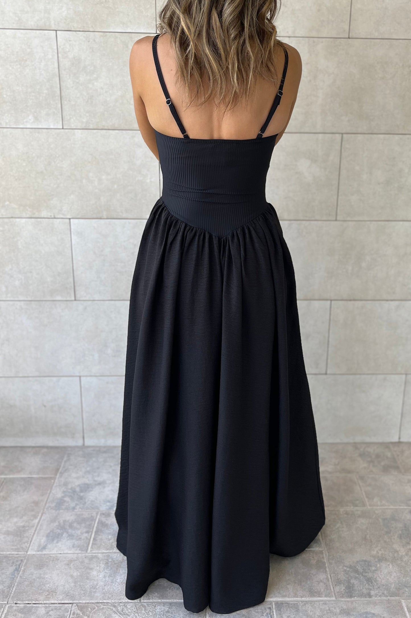 Black Spaghetti Straps Drop Waist Ribbed Patchwork Maxi Dress