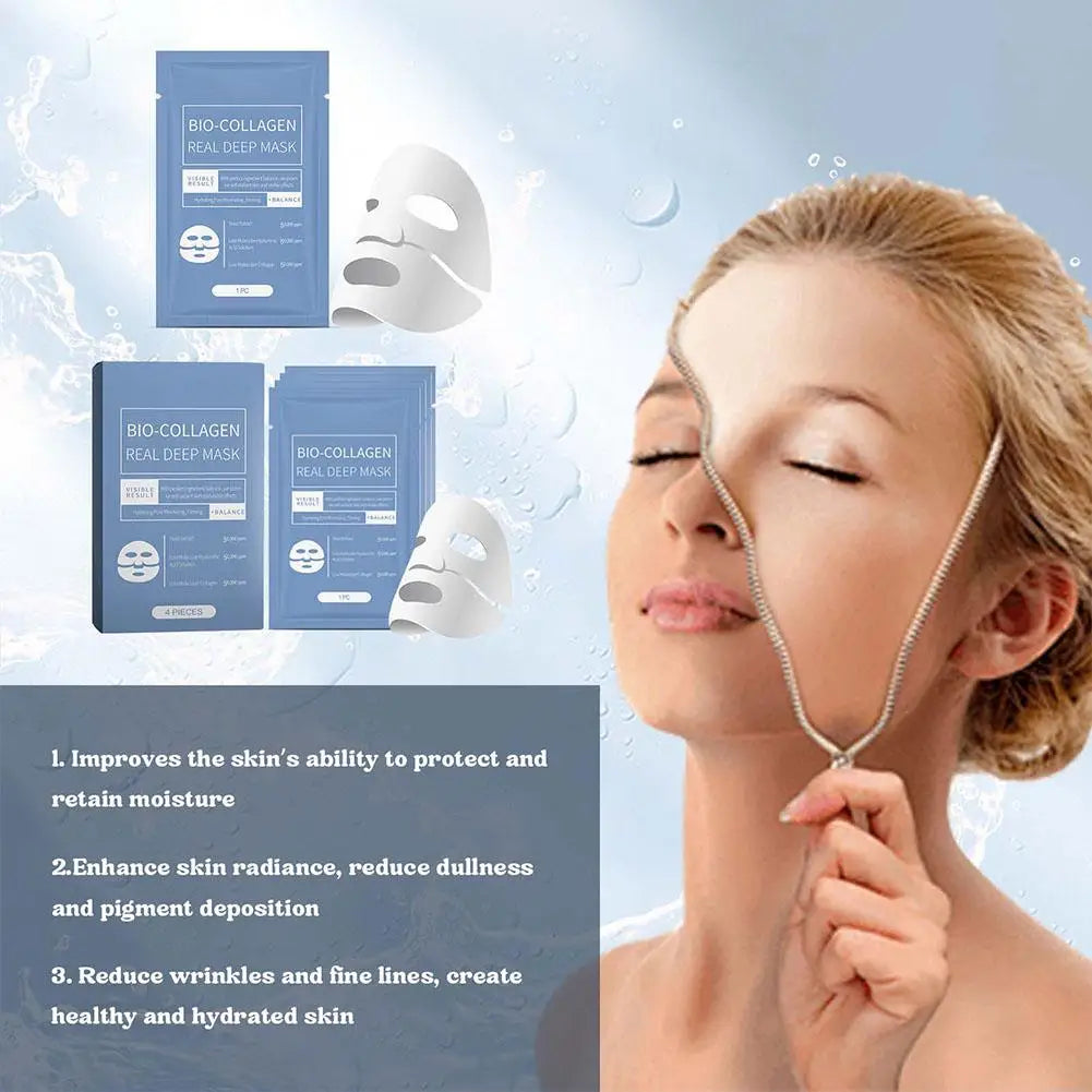 Eelhoe Bio-Collagen Real Deep Mask packaging and mask sheet showing hydrating, pore-minimizing, and firming benefits.