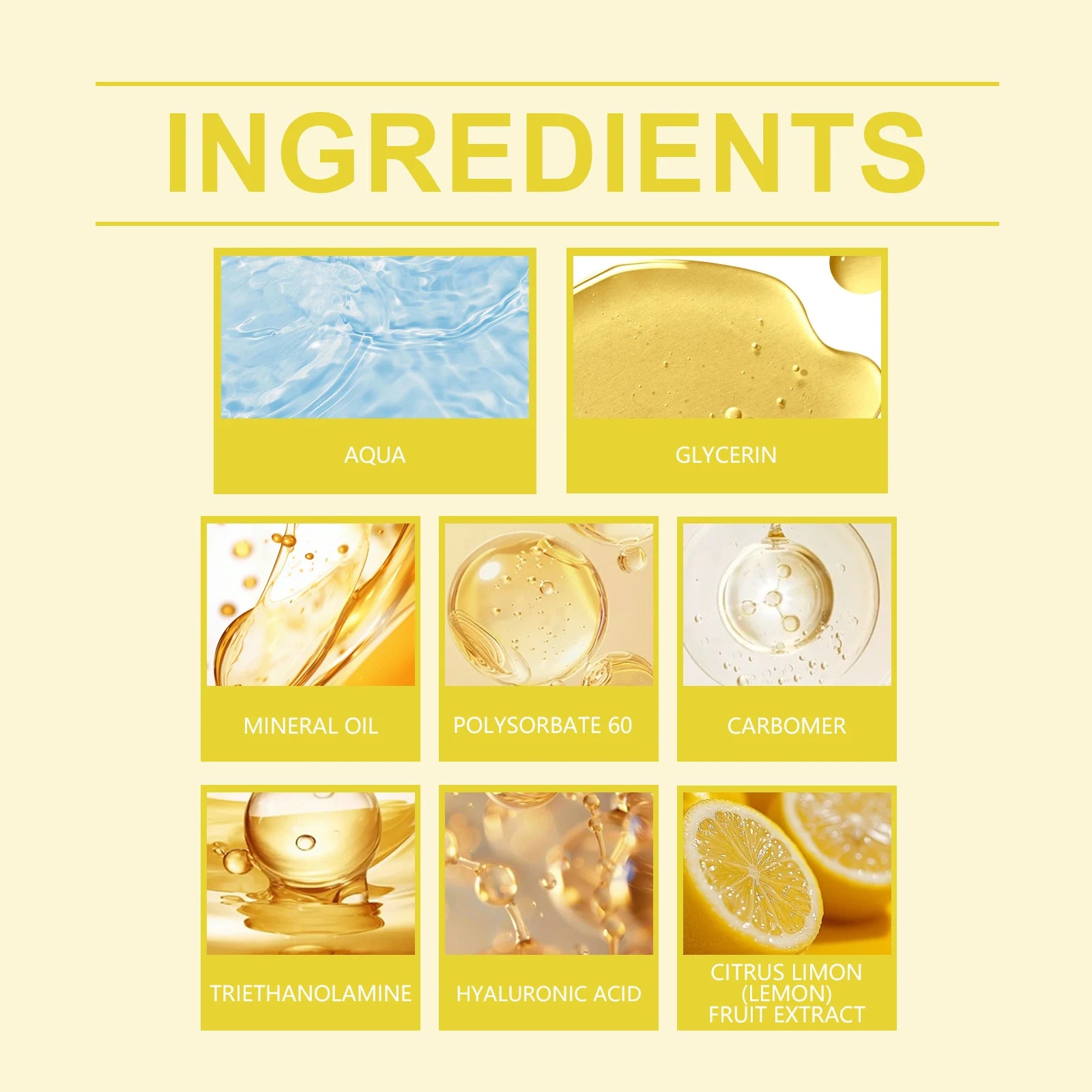 Infographic showing key ingredients: Aqua, Glycerin, Hyaluronic Acid, and Citrus Limon Fruit Extract for skin brightening.