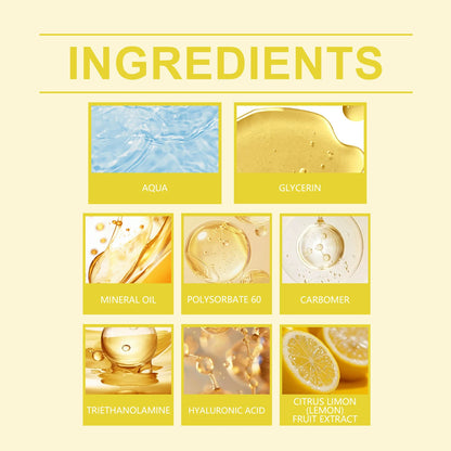 Infographic showing key ingredients: Aqua, Glycerin, Hyaluronic Acid, and Citrus Limon Fruit Extract for skin brightening.