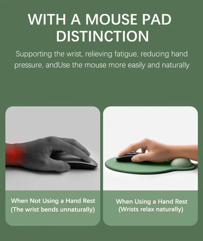 Comparison guide showing the benefits of using a wrist rest mouse pad to maintain a natural hand position and reduce fatigue.