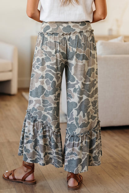 Beige Camo Print Wide Leg Casual Pants