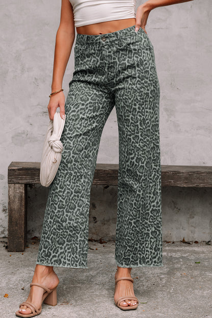 Brown Leopard Frayed Edge Wide Leg High Waist Jeans