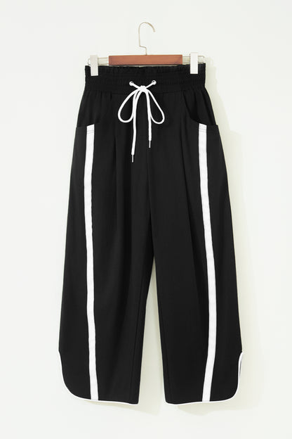 Black Contrast Striped Smocked Waist Drawstring Cropped Casual Pants