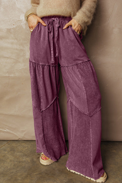 Black Mineral Wash Tiered Wide Leg Patchwork Drawstring Pants