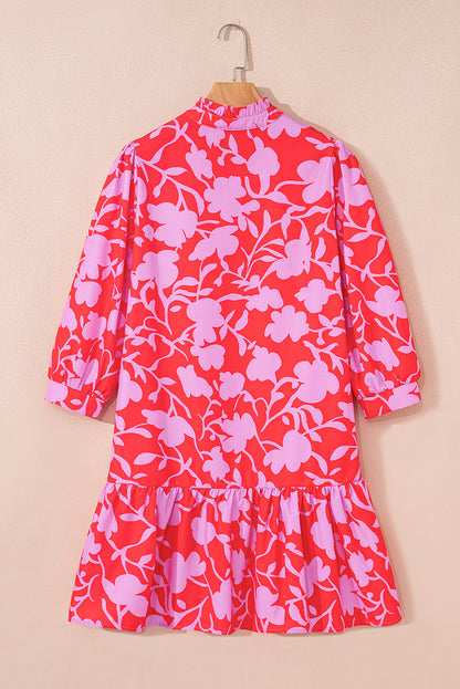 Red Floral Three Quarter Sleeves Ruffle Hem Mini Dress