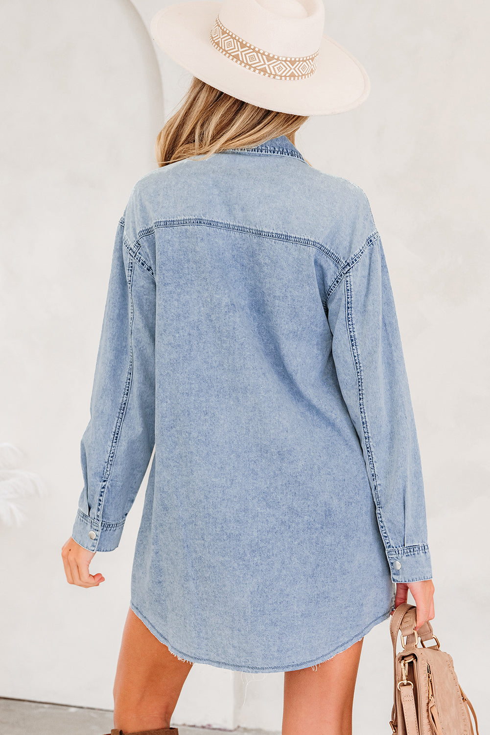 Medium Grey Beau Chest Pocket Raw Hem Denim Loose Shirt Dress