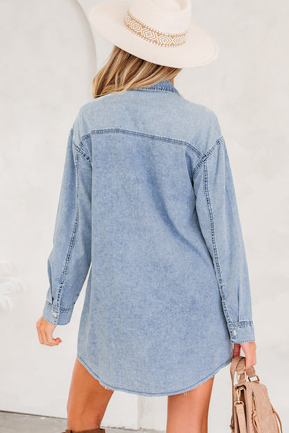 Medium Grey Beau Chest Pocket Raw Hem Denim Loose Shirt Dress