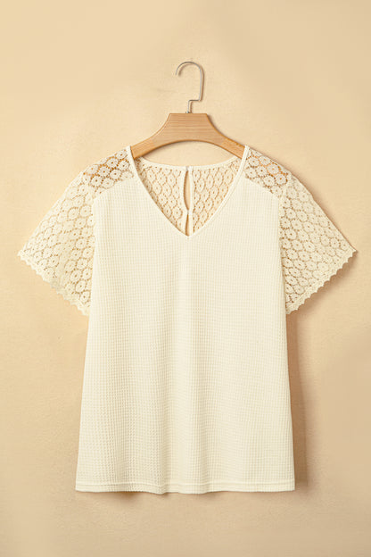 Beige Lace Splicing Button Cutout V Neck Waffle Knit Blouse