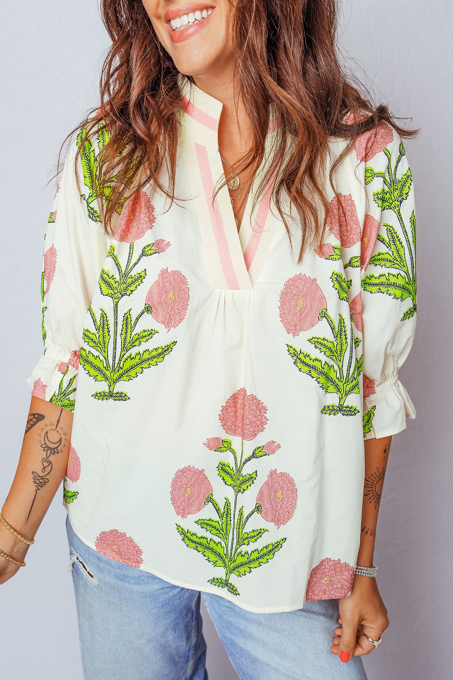 Sky Blue Casual Wild Flower Print V Neck 3/4 Sleeve Blouse