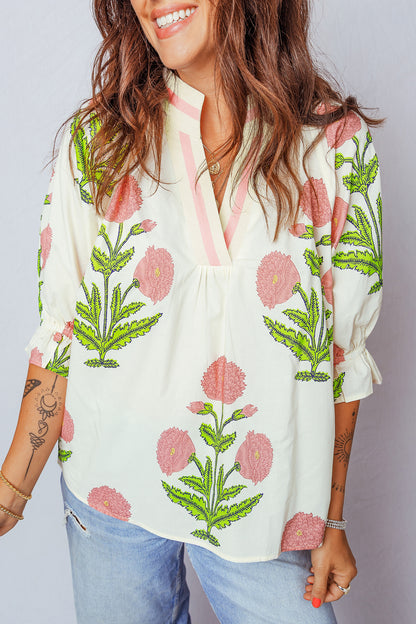 Sky Blue Casual Wild Flower Print V Neck 3/4 Sleeve Blouse