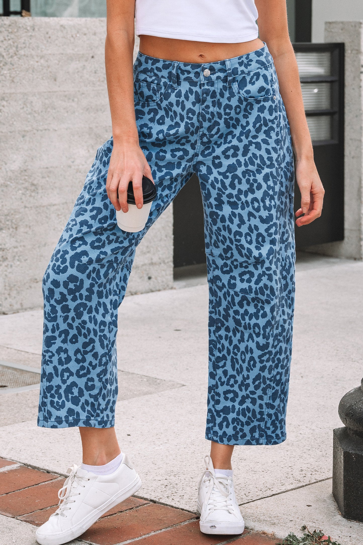 Khaki Leopard Print Straight Loose Jeans